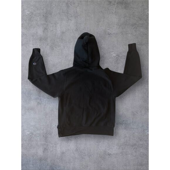 Vtg Champion Reverse Weave Black Hoodie SZ S Spell Out Faded Sweater Destroyed - Picture 2 of 11